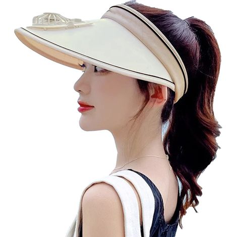 Gorra con visera y ventilador integrado, amplia zona de protección solar, para mujeres y niños, ajustable, recargable por USB, color beige.