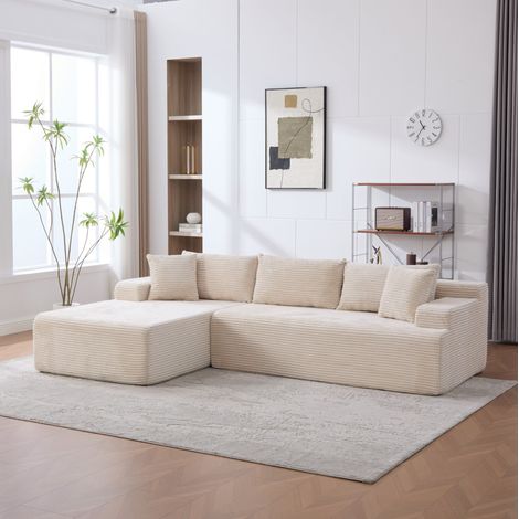 Divano modulabile in ciniglia avorio con chaise longue, pronto all'uso e comfort morbido per salone e camera (1/5)