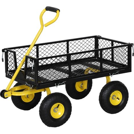 Chariot de jardin chariot de transport 4 roues côtés amovibles transformable en plateau 104 x 54 x 51 cm noir et jaune (1/5)