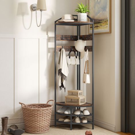 Meuble entrée angle vestiaire 4 niveaux, rangement chaussures 8 patères mobiles 2 étagères brun rustique, optimise (1/5)