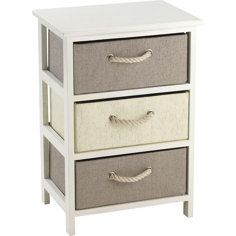 King Home Kommode aus Holz und synthetischem Raffia 40x30x60h cm 3 Schubladen weiß/sand/beige
