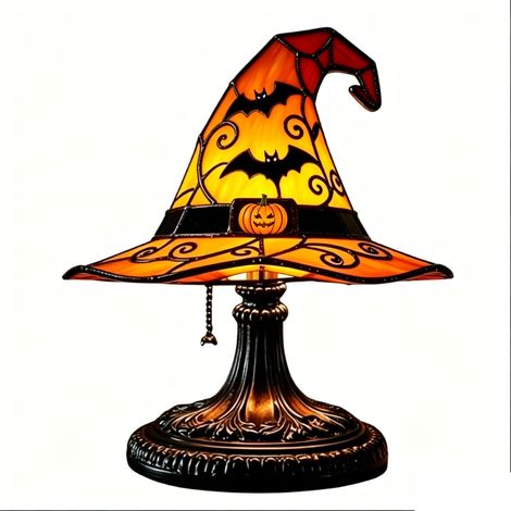 Lampe citrouille Halloween avec chapeau de sorcière – Lampe de table USB effet verre coloré, éclairage vintage et décoration gothique (1/3)