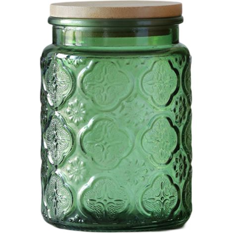 1 bocal en verre, bonbonnière étanche avec couvercle en bambou et joint silicone, 700 ml, 14 x 9,5 cm, vert (1/5)