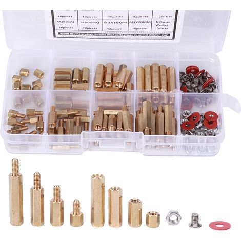 Assortiment de 140 entretoises, vis, rondelles et écrous en laiton M3, avec visserie hexagonale et accessoires de quincaillerie. (1/5)