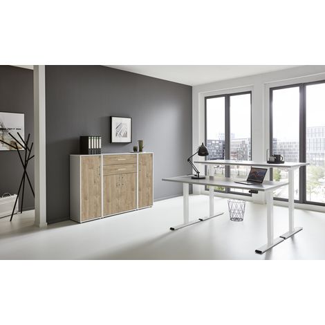 BMG Möbel Büromöbel-Set, e-Office Edition Set 16, Schreibtisch höhenverstellbar, 160 cm, grau/ gold harbor oak