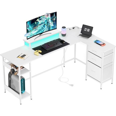Irovami Bureau d'angle L 168×103 cm – 3 tiroirs, 2 prises + 2 USB, LED 31 modes, support écran – Blanc