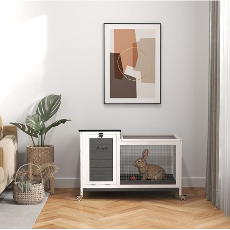 Clapier à lapin en bois avec enclos, toit ouvrant et roulettes, 92 x 52 x 67 cm, gris foncé OKMYHOME (1/5)