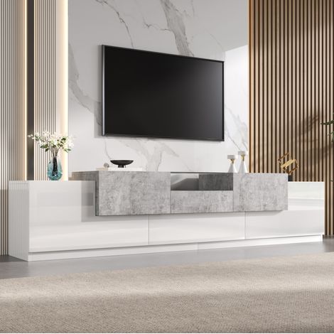 Meuble TV 200x33x48,5 cm en MDF et panneaux de bois blanc, avec rangement pour salon FloraGrace (1/5)