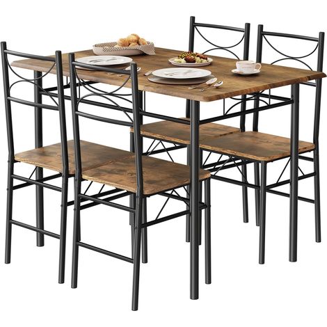 Woltu – Ensemble table et 4 chaises en MDF et métal – Table de cuisine marron rustique 110x70x76 cm – Chaises 38x45x88 cm – Capacité 50 kg