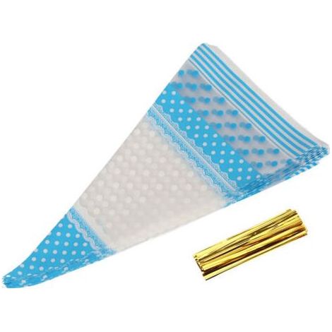 50 sachets de pop-corn transparents en forme de cône, sachets de friandises en cellophane avec lien torsadé bleu (1/4)