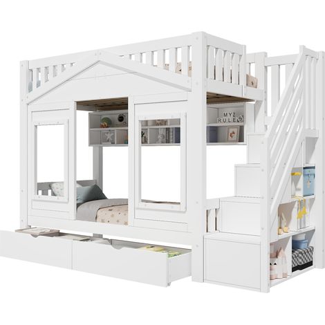 CHICFURN Litera alta infantil 90x200 cm con escalera con almacenaje, cajón, ventana y diseño casa, madera y MDF blanca, con somier, para dormitorio juvenil (1/5)
