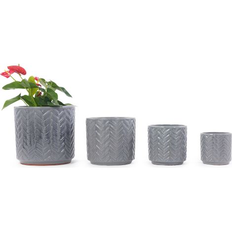 Pot de fleurs individuel en céramique de taille moyenne, Ø31,5 cm, gris cendré brillant avec motif à chevrons sur tout le pourtour, respirant, résistant au gel et muni d'un trou de drainage, pour plan (1/5)