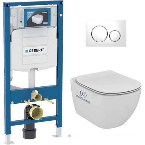 Pack WC suspendu Geberit Duofix – Cuvette Ideal Standard Tesi AquaBlade avec abattant frein de chute – Plaque de commande Sigma20 Blanc chrome (1/7)