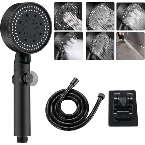 High-pressure shower head, 1.5 m hose and holder, 2023 model, 5-jet rain shower, waterfall shower head, water-saving shut-off, hand shower (1/5)