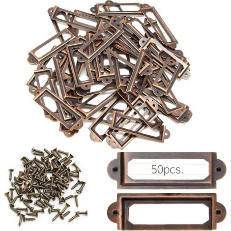 Lot de 50 cadres d'étiquettes en métal vintage 60 x 17 mm - Porte-cartes - Pour meubles, tiroir, étiquette - Avec vis - Pour bureau, bibliothèque (60 x 17 mm/bronze rouge) (1/5)