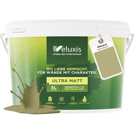Wandfarbe Grün Beige Gelb Matt Innenfarbe – Deckkraft Klasse 1, VOC-frei, Ohne Grundierung, Tropfarm – Wohnzimmer & Schlafzimmer – 5L – Veluxis (Mellow Matcha)