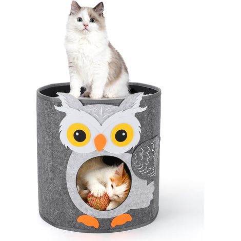 Niche pour chat à 2 étages en feutre avec coussin - Niche douillette - Pour dormir, se cacher et se défouler - 35 x 35 x 35 cm - Motif chouette (1/5)