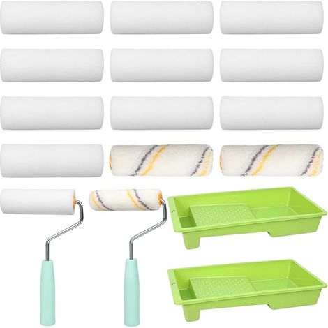 Lot de 10 rouleaux en mousse, 2 petits rouleaux à peinture, 2 supports de rouleaux, 2 bacs à peinture, 2 rouleaux en mousse, pour peinture murale, plafond et portes - Kit de rouleau de peinture avec (1/5)
