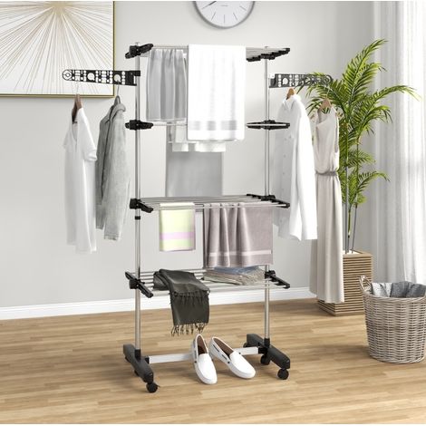 Etendoir pliable en acier inoxydable noir, 6 roulettes, 142 x 55 x 172 cm, structure mobile pour secher et aerer le linge (1/5)