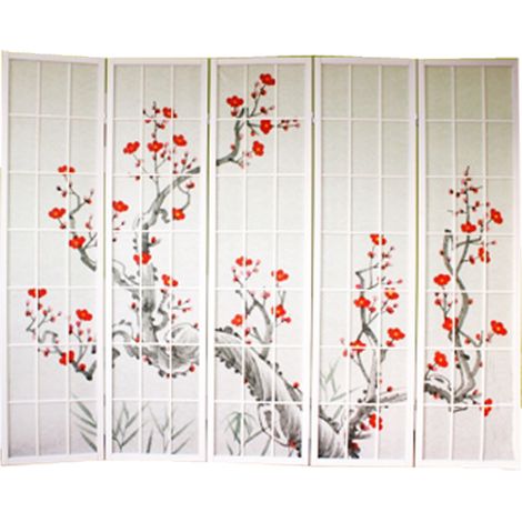 Pegane – Paravent bois blanc 5 pans avec fleurs de cerisier – Structure en bois verni – Panneaux avec quadrillage et papier de riz blanc