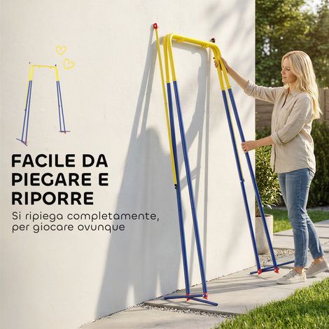Structure de balançoire pour jardin, couleur jaune et bleue, dimensions 128x155x157 cm, en acier robuste, livrée avec 2 crochets (1/5)