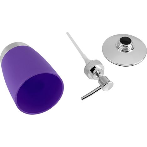 Set di accessori da bagno composto da 4 pezzi: tazza, portaspazzolino e dispenser di sapone viola.