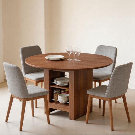 Mesa de comedor redonda 100 cm con almacenamiento abierto, acabado nogal, MDF, 4-6 personas DESVIAE (1/5)