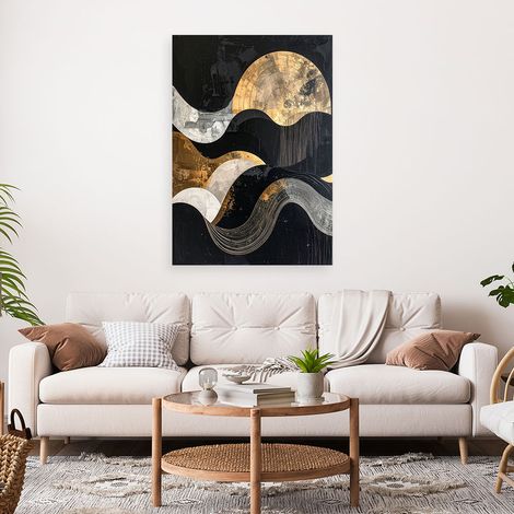 Wandbild Geometrische Abstraktion in Gold und Schwarz im Glamour Stil mit Wellen 60x90 (1/4)