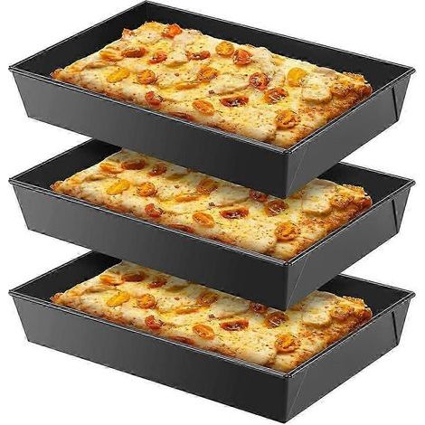Lot de 3 plaques à pizza style Detroit. rectangulaires et profondes. avec revêtement antiadhésif et répartition uniforme de la chaleur. (1/5)
