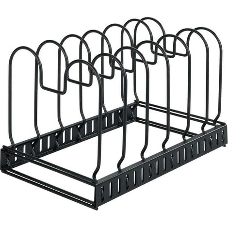 Ausziehbarer Deckel- und Topfhalter, verstellbarer Küchenschubladen-Organizer, 6 Fächer, lackiertes Metall, 30–57 x 18 x 18 cm, Schwarz