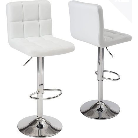 Ensemble de 2 tabourets de bar rembourrés en similicuir, dossier haut, hauteur réglable, pivotants à 360°, repose-pieds, finition chromée, Sivan (blanc) (1/5)
