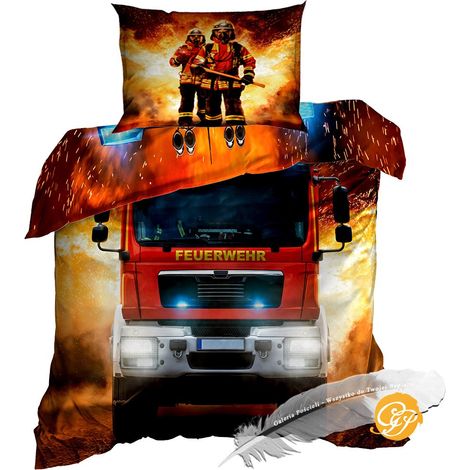 Biancheria da letto in raso di cotone 3D 140x200 cm con camion dei pompieri. Caserma dei pompieri rossa. (1/2)