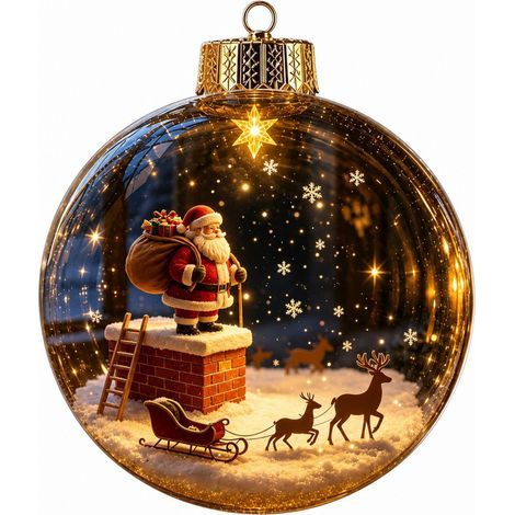 Boule à neige lumineuse en acrylique transparent, ornement de Noël 3D à suspendre au sapin, représentant le Père Noël et son traîneau de rennes. (1/5)