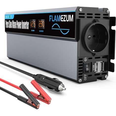 1000 W/2000 W Convertisseur de Tension 12 V à 230 V Onduleur Sinus Pur Auto Power Inverter Convertisseur avec 1 Prise EU et 2 chargeurs USB pour Voiture, Caravane, Camion (1/5)