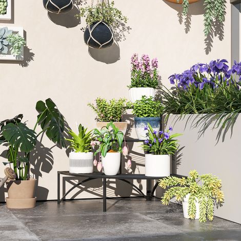 Étagère à plantes d'angle 3 niveaux en métal noir 87 x 60 x 60 cm pour intérieur et extérieur, support gain de place pour salon, balcon et jardin  CHICFURN (1/5)