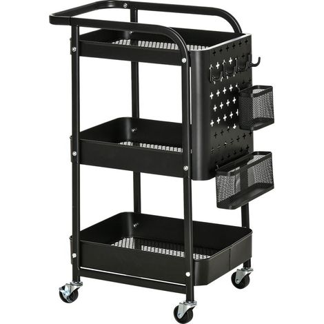 Desserte chariot de rangement pour bureau en métal chariot de service à roulettes 3 niveaux avec 2 range-couverts 4 crochets dim.51,5L x 32l x 75,6H cm - noir (1/5)