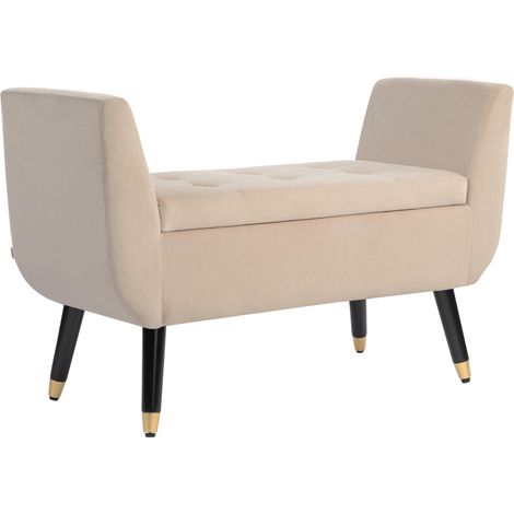 Banquette capitonnée avec espace de rangement, accoudoirs, polyester velouté, bois d'hévéa, 107 x 42 x 65 cm, beige (1/4)