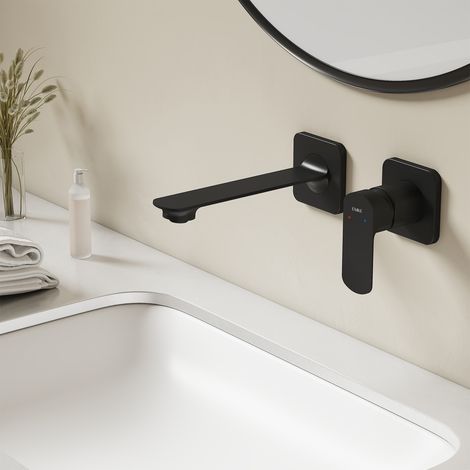 EMKE Wand-Waschtischarmatur inklusive Grundkörper 233 x 127 x 110 mm Schwarz Matt Wasserhahn Bad Mischbatterie Waschbecken