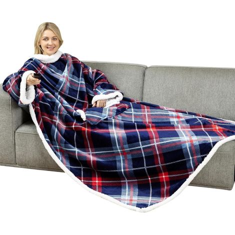 Kuscheldecke mit Ärmeln, Sherpa Decke mit Tasche, Blau Kariert 140x180cm (1/5)