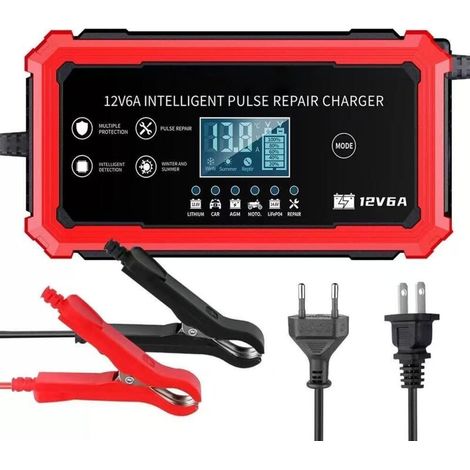 12V 6A RougeChargeur de batterie au plomb-acide et au lithium 12,6 V/14,6 V pour motos et voitures, compatible avec les batteries au lithium-acide (1/4)