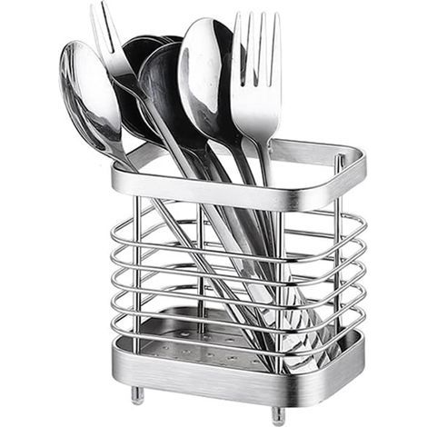 Support à ustensiles de cuisine en acier inoxydable, panier à couverts mural avec base amovible pour couteaux, fourchettes, cuillères, support de rangement pour couverts (petit format argenté) (1/5)