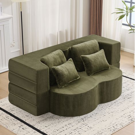 Canapé convertible in tessuto effetto peluche verde, futon pieghevole 2 in 1 con 4 cuscini (1/5)