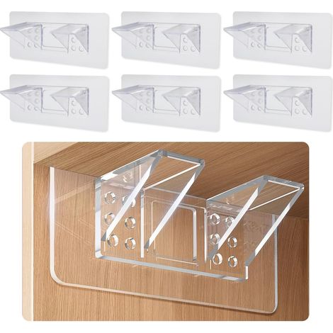 6 Pièces Supports D'étagère Flottant, Supports D'Étagères Autocollants, Taquet Etagere,Fixation Etagere Sans Percer pour étagères Placard Penderie, Armoires et Aux Bibliothèques, Transparent (1/5)