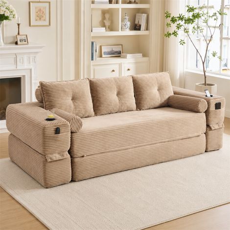 Canapé Convertible 3 Places - 232x98x80cm - Chauffeuse Pliante en Velours Côtelé avec Ressorts, Porte-Gobelet - Kaki (1/5)