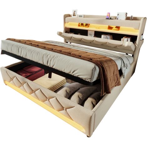Polsterbett Einzelbett, Stauraum Kopfteil mit USB und Typ C-Port ,360-Surround-LED-Funktion rund um Kopf- und Fußende des, Betten mit Hydraulisch Stauraum, Leinen(Ohne Matratze)
