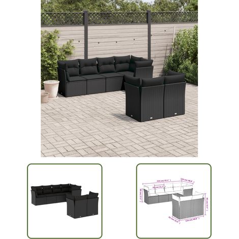 The Living Store Salon de jardin 7 pcs avec coussins noir résine tressée - Salon De Jardin - Mobilier Extérieur - Set Salon - Résine Tressée - Rotin Synthétique (1/3)
