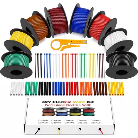 Kit De Fils Silicone 22 AWG, 8 Couleurs, Cuivre Étamé 0,3 mm², 10 m Par Rouleau, Avec Gaine Thermorétractable, Colliers et Pince À Dénuder, Pour Électronique, RC et Batteries (1/5)