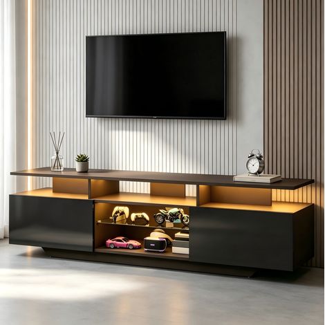Meuble TV 160x40x45 cm en MDF noir, avec rangement LED moderne pour salon FLORAGRACE (1/5)