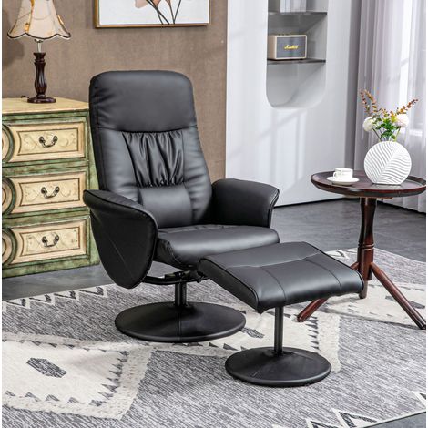 Sillón relax giratorio con puf, respaldo reclinable 145°, cuero sintético negro, OKWISH (1/5)