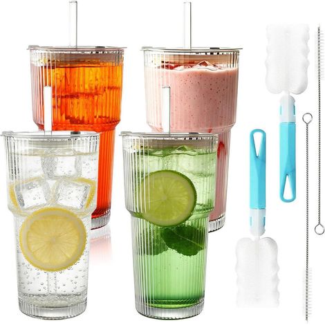 Geriffelte Glasbecher 600ml mit Deckel & Strohhalm, 4er Set, inkl. Reinigungsbürsten